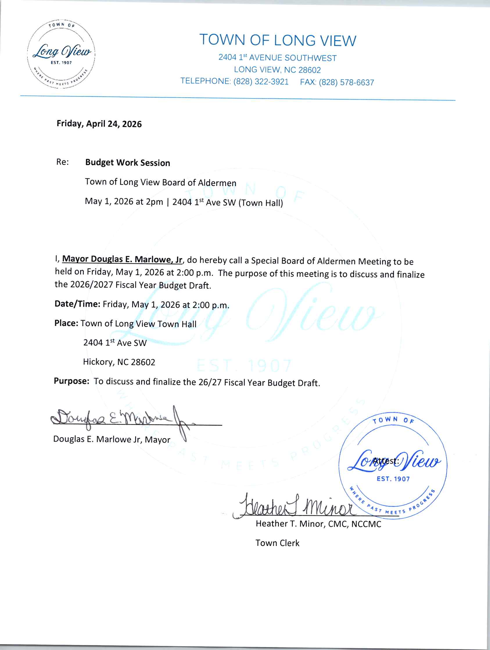 Budget Work Session Notice